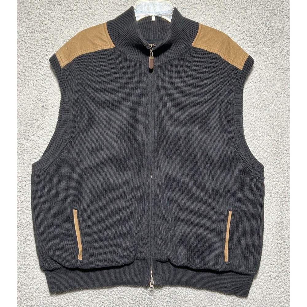 Orvis Sweater Vest Mens 2XL Black‎ Full Zip Heavy Suede Shoulder Pockets